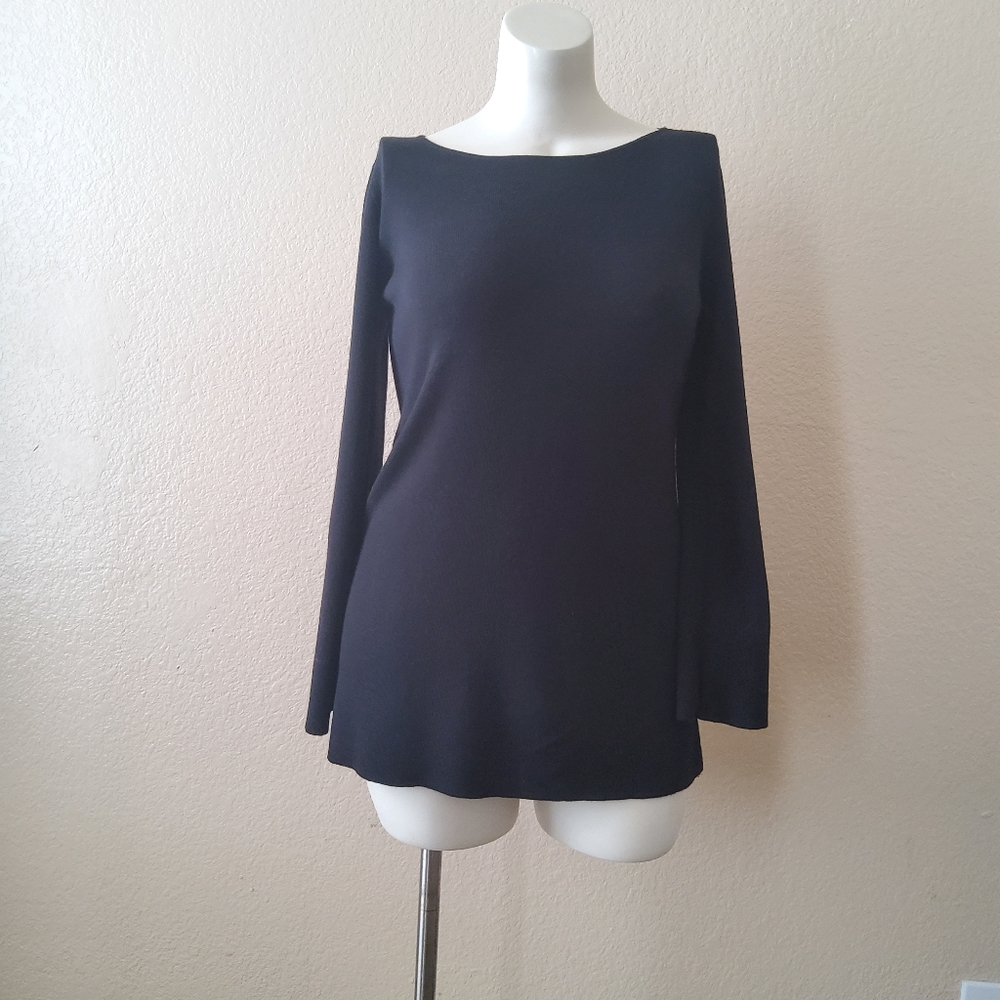 Eileen Fisher Merino Wool Bell Sleeve Knit Tunic Sweater Black